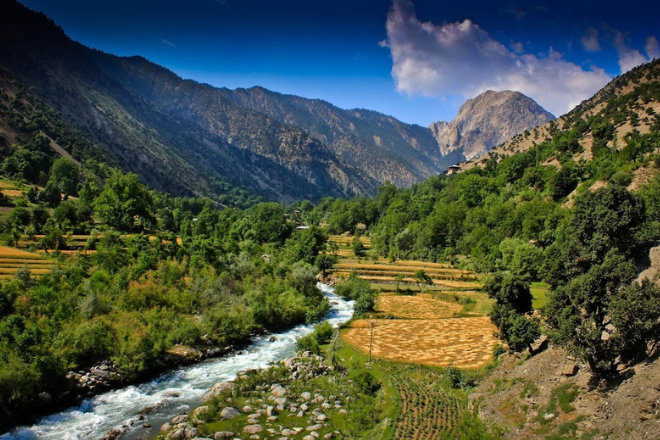 Kalash Valley in Chitral District, showing village settlements surrounded by the Hindu Kush mountains